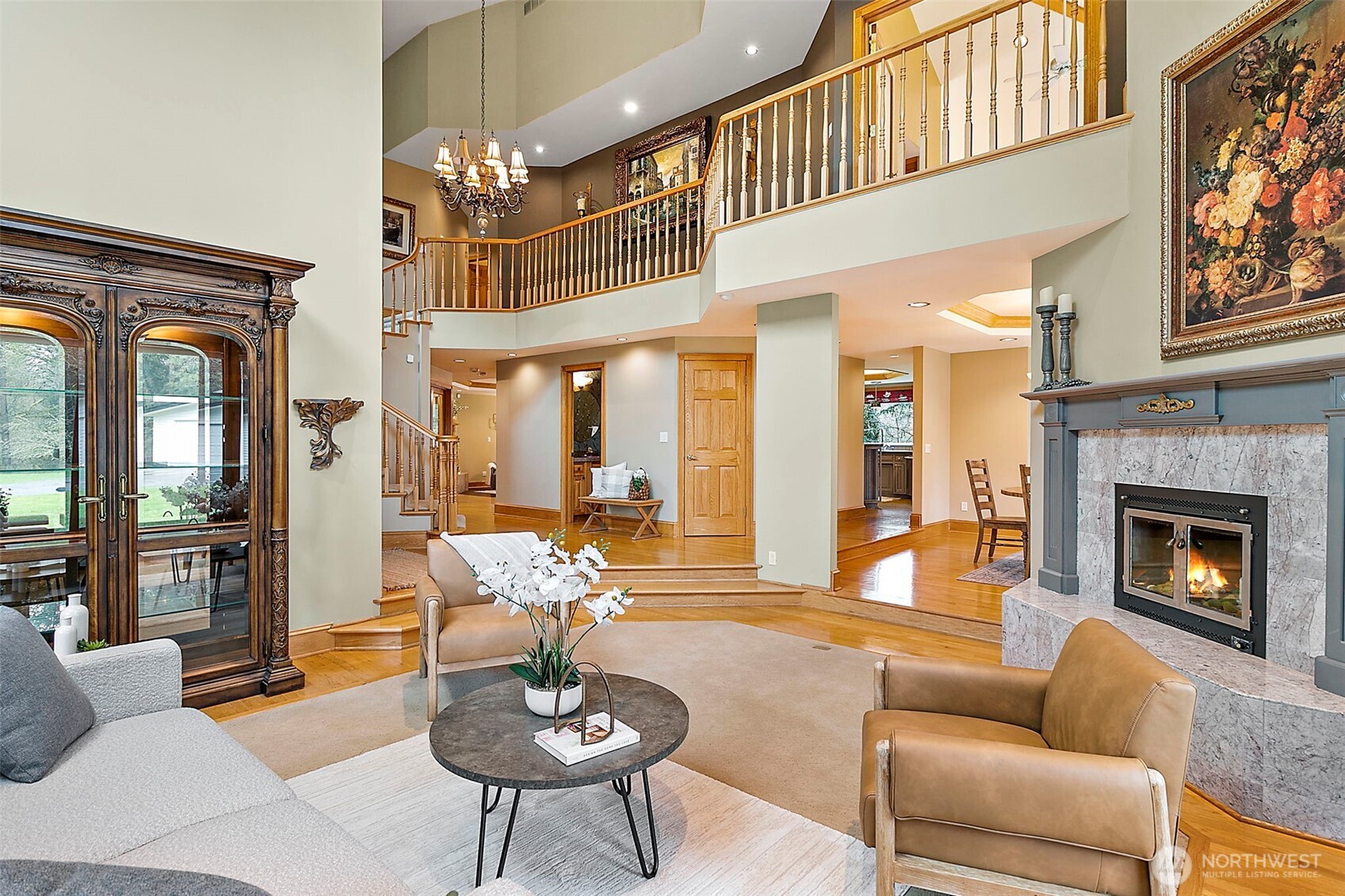 Wood fireplace in entry living space.