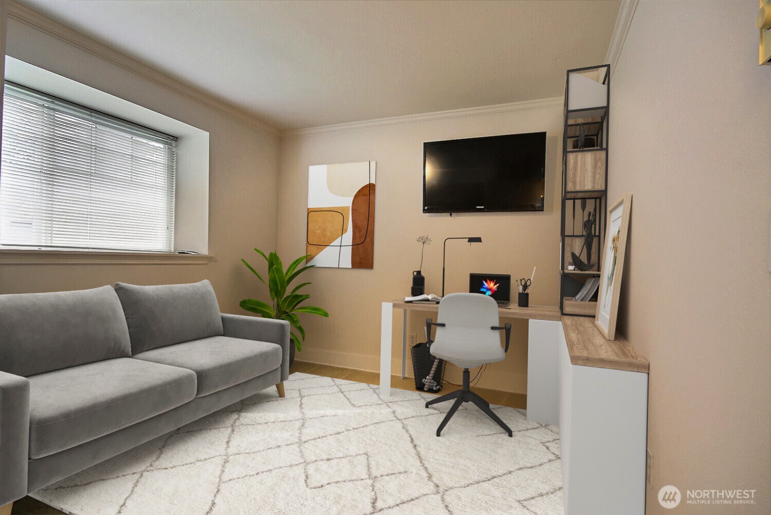 For those seeking versatility, the office guest bedroom offers flexibility to suit your needs. Outfitted with a spacious desk and shelving for an ideal work-from-home setup, this virtually staged room also features a comfortable Murphy atyle bed that easily converts the space into a welcoming retreat for overnight guests. Thoughtful touches might include blackout shades. The ample closet space, and modern lighting ensure both productivity and relaxation are always within reach.