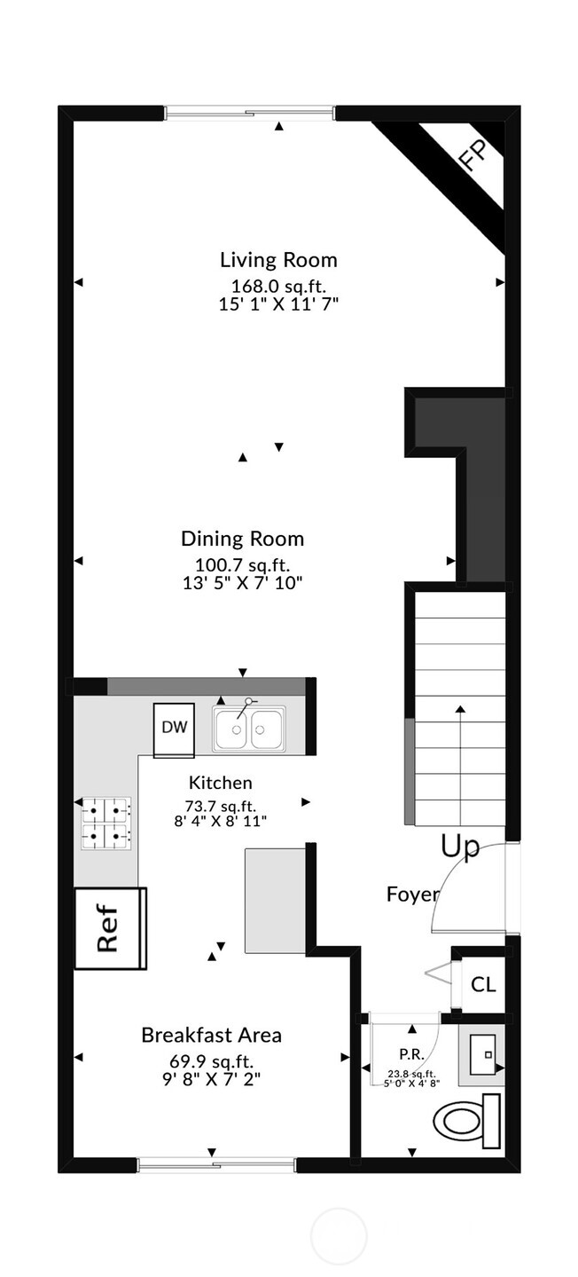 Main floor with kitchen, living room, half bath, gas fireplace, breakfast nook, and dining area. Step out onto the patio or deck.