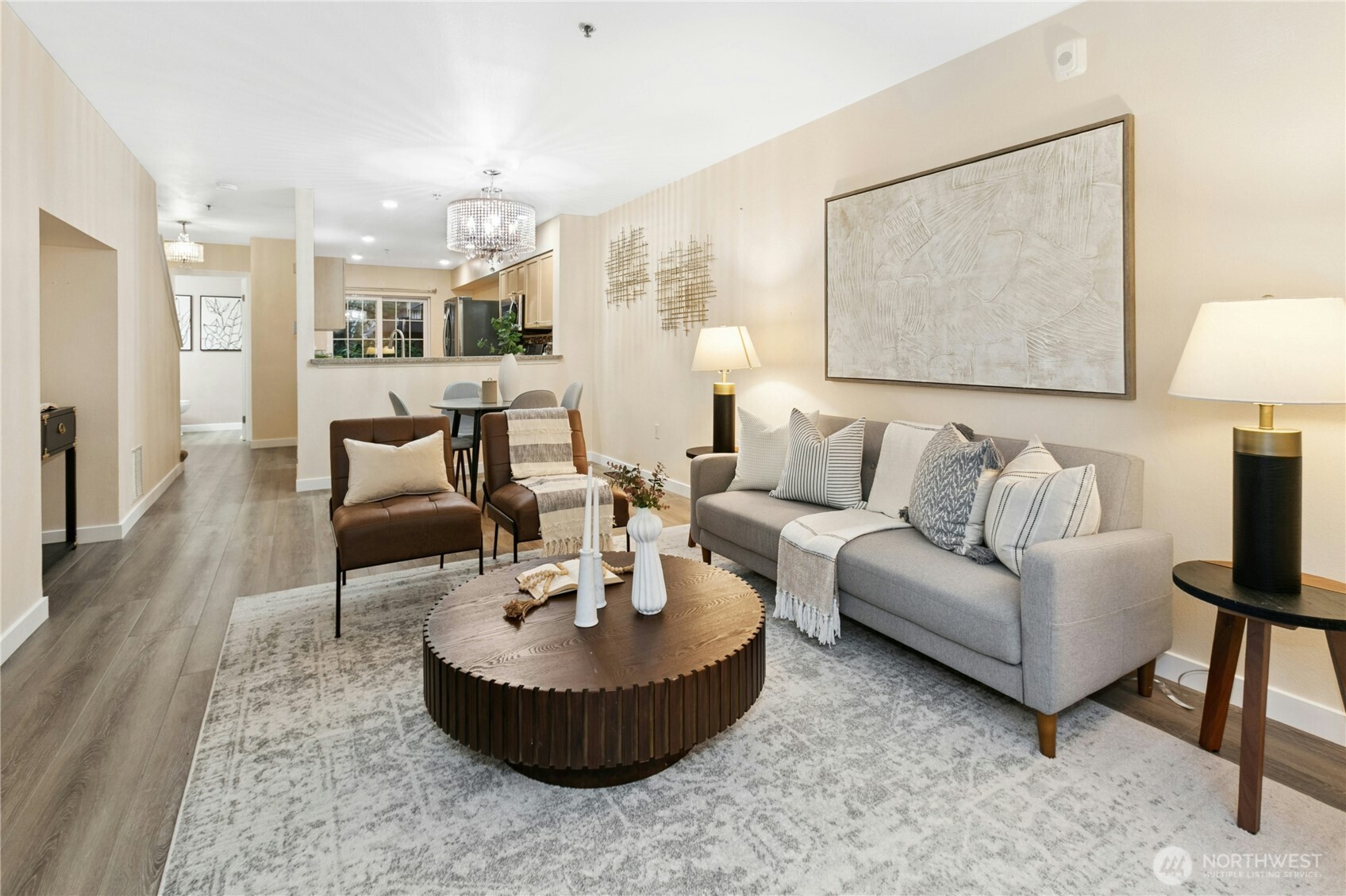 Living space connected but separate from kitchen.