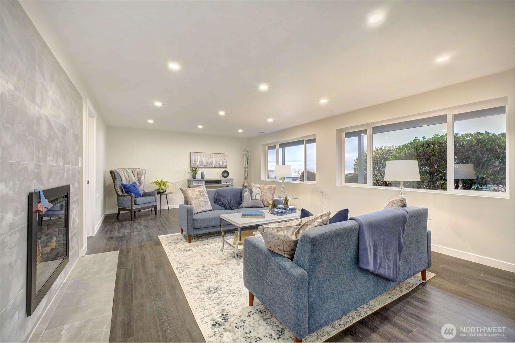Lower level family room with fireplace