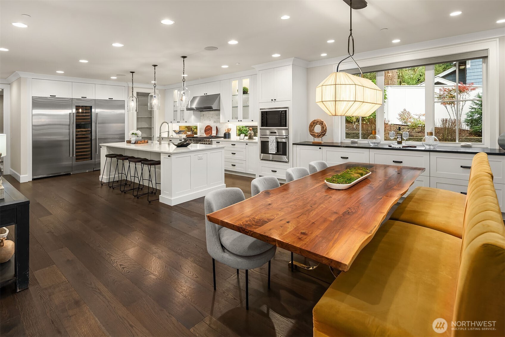 Chef’s kitchen has full sized freezer, fridge, and a wine fridge that holds 75 bottles.