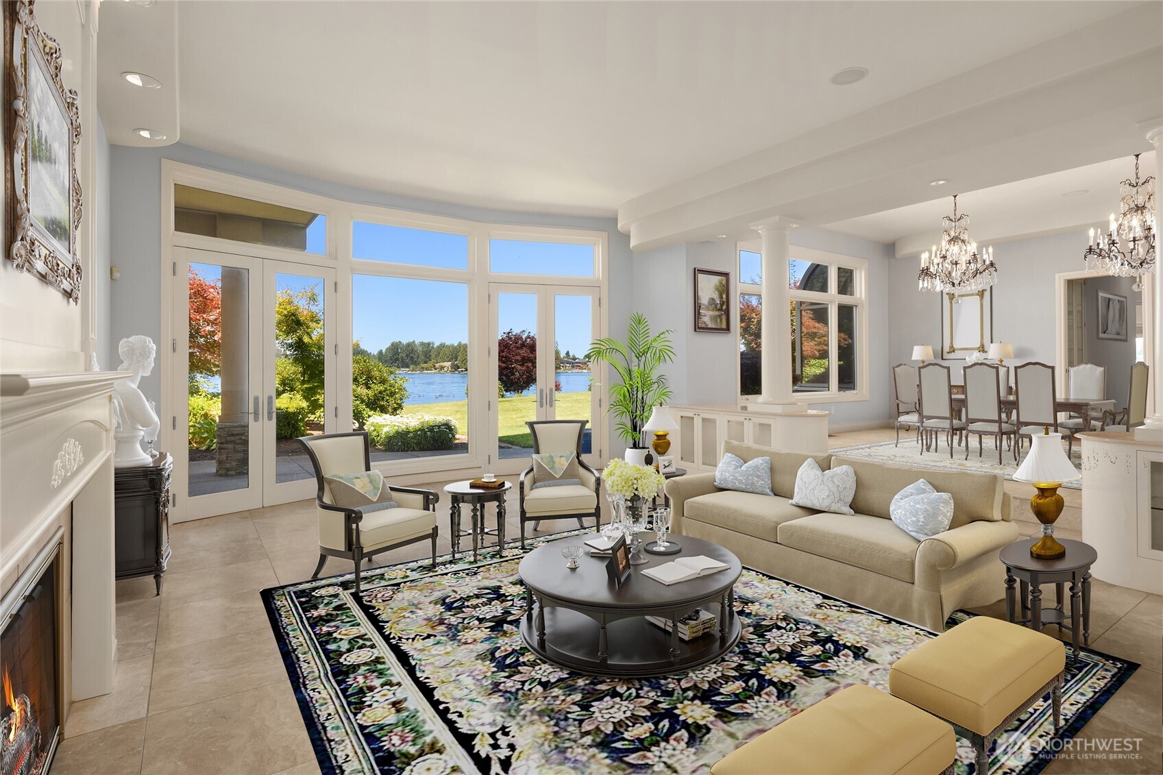 Formal living room. Chateau mantel frame gas fireplace. Double glass French doors lead to exterior patio.