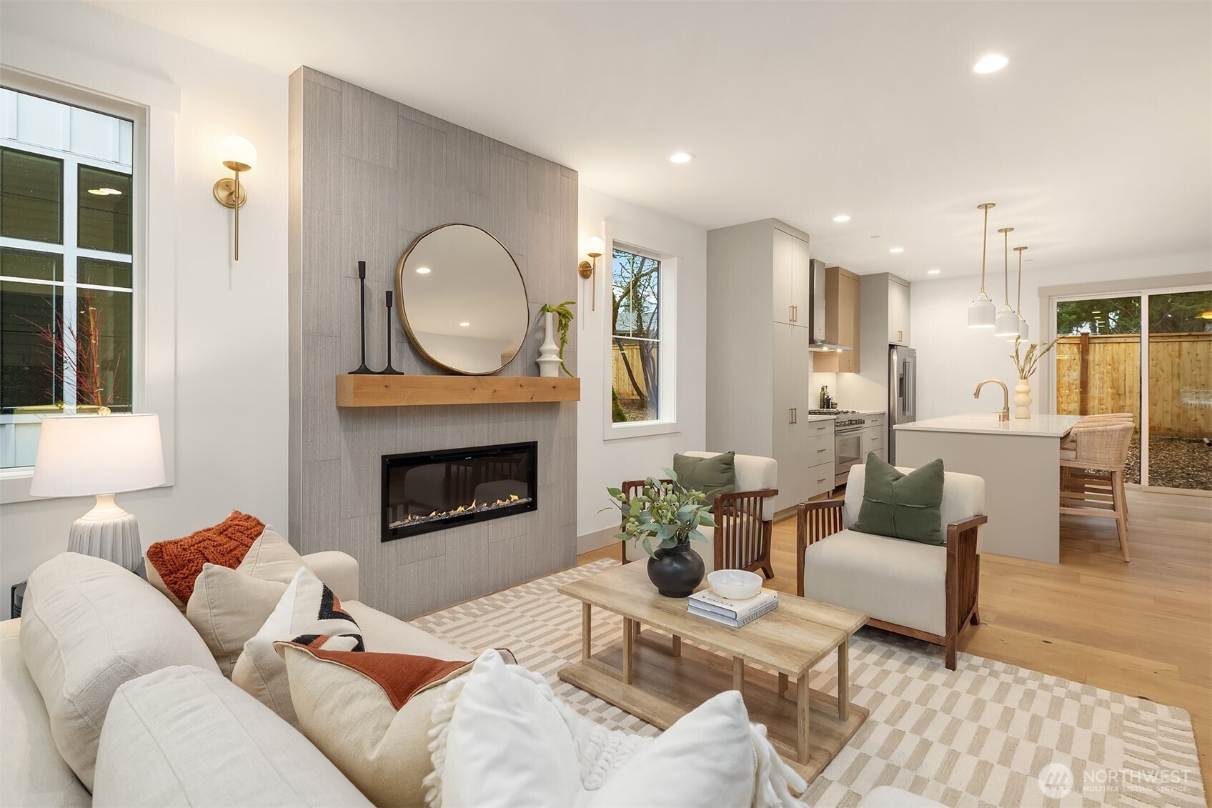 Spacious living room with cozy fireplace