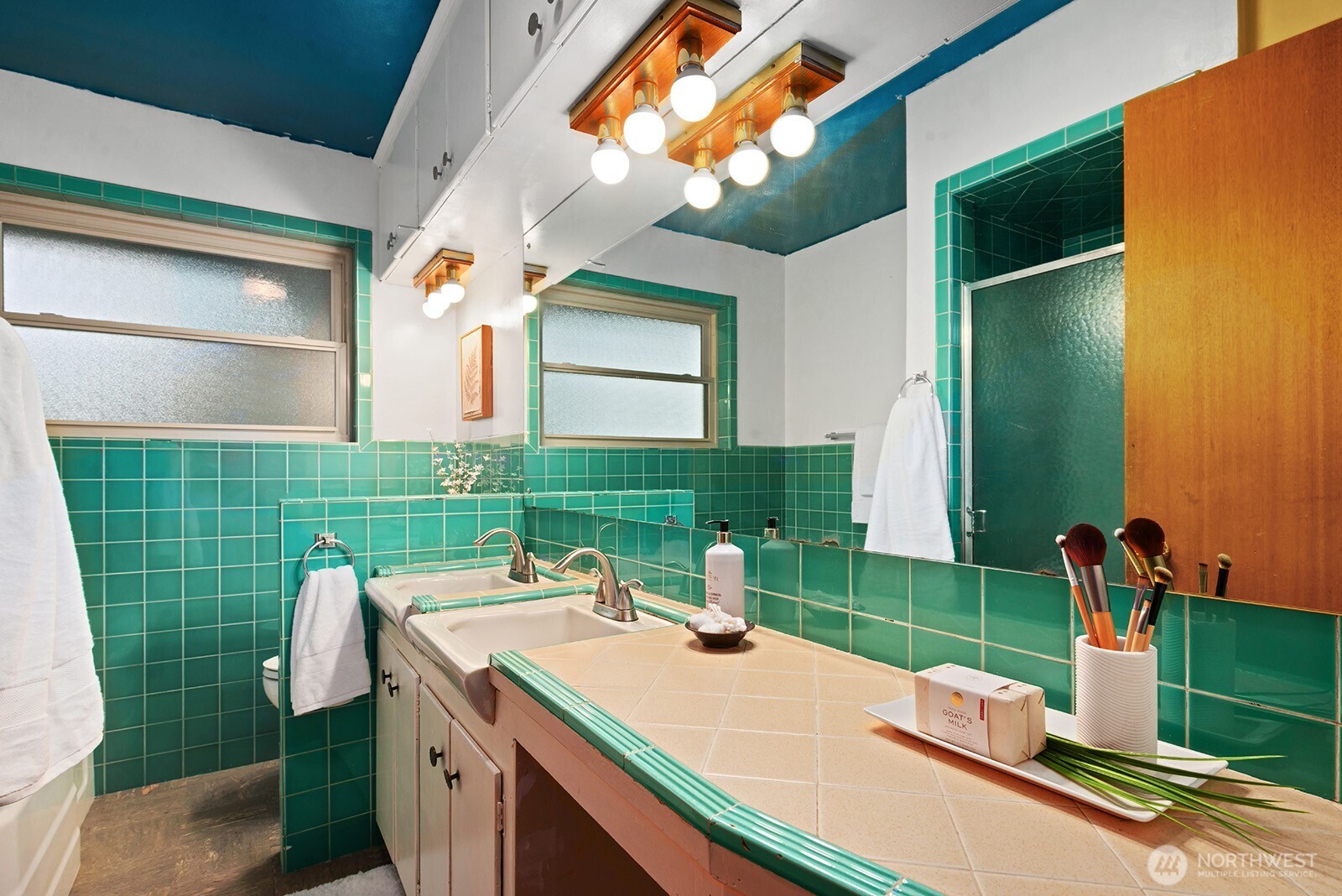 Main floor bathroom is quintessesially mid-century.