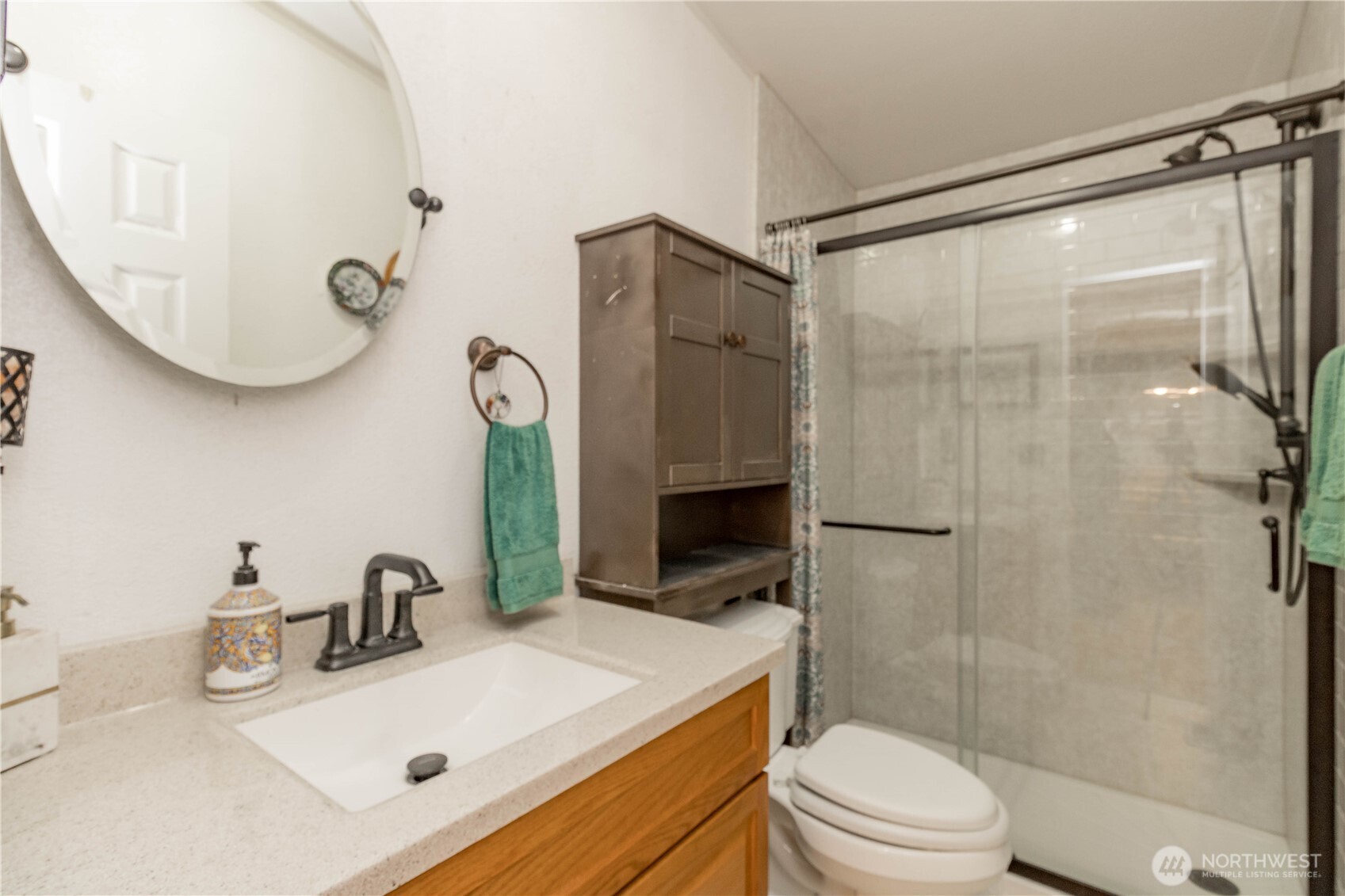 Main bathroom with updated walk in shower