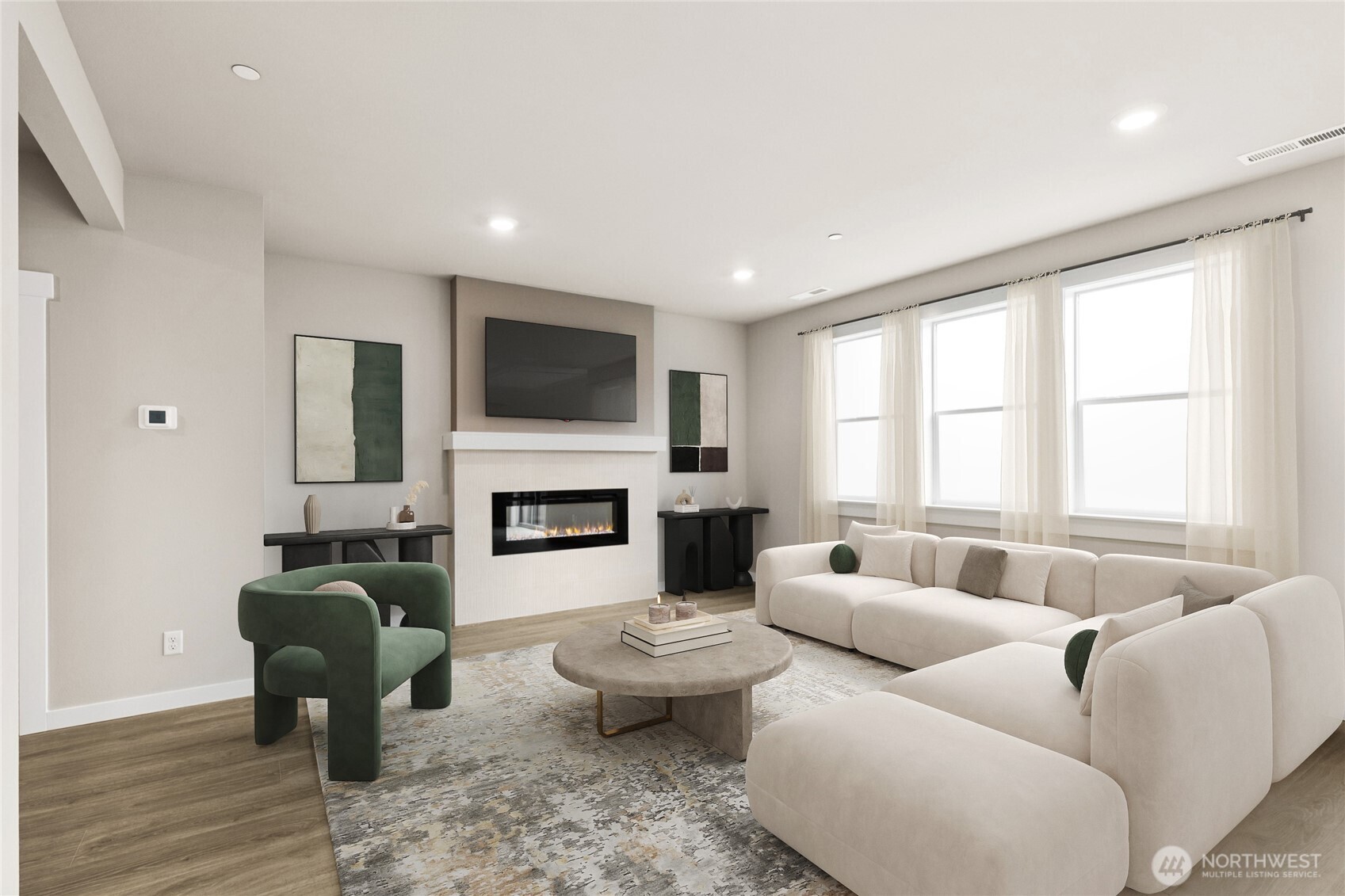 Plasma TV pre-wire w/ HDMI cable at great room, home automation package includes deadbolt door lock, programmable thermostat, smart switches, video doorbell and smart speaker. Virtually staged.