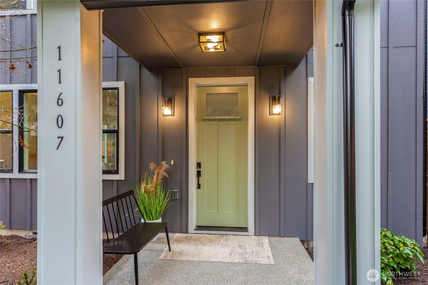 Well lit, covered front entry.