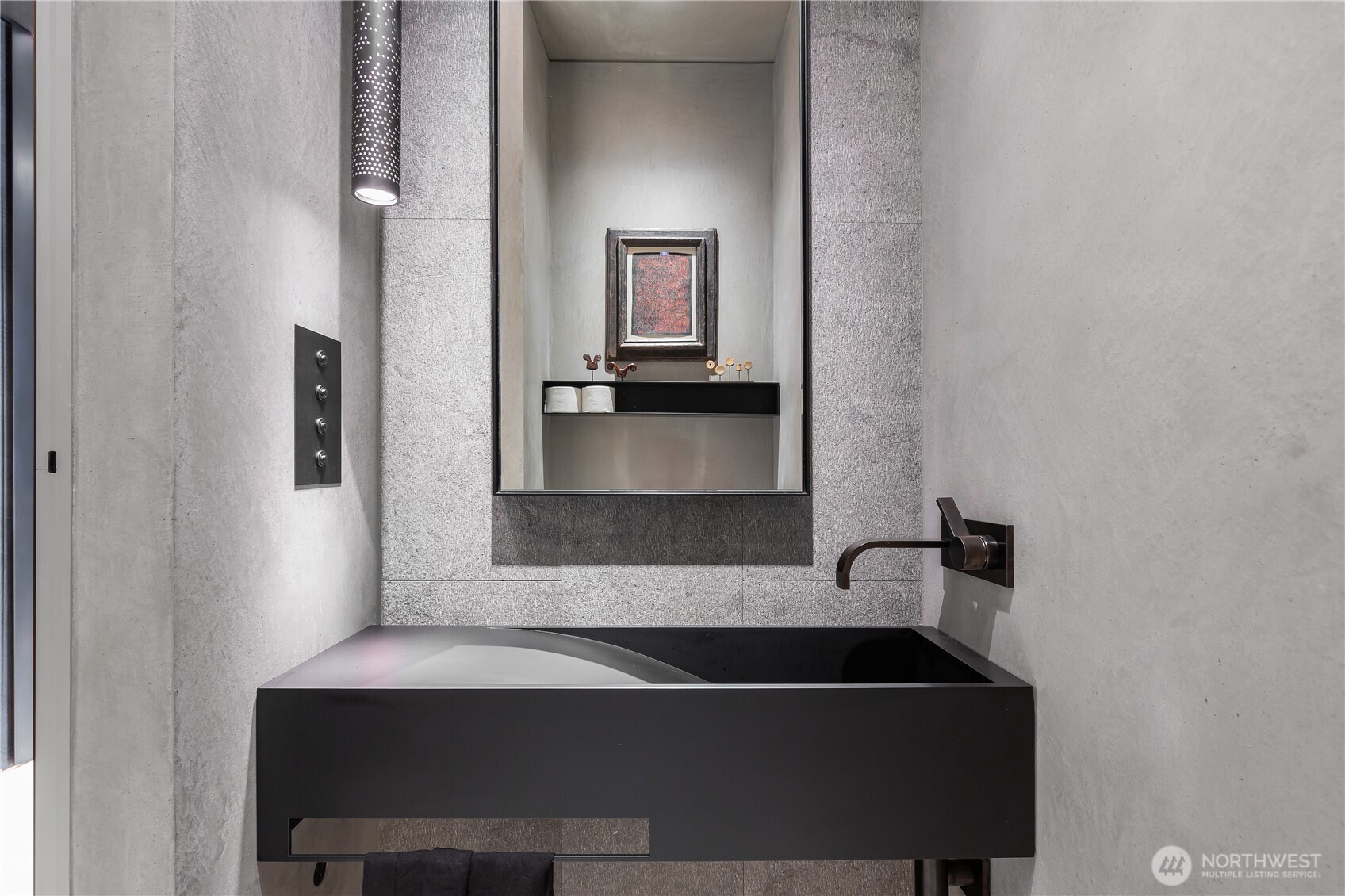 Entry hall powder room with custom steel sink, faucet and details.