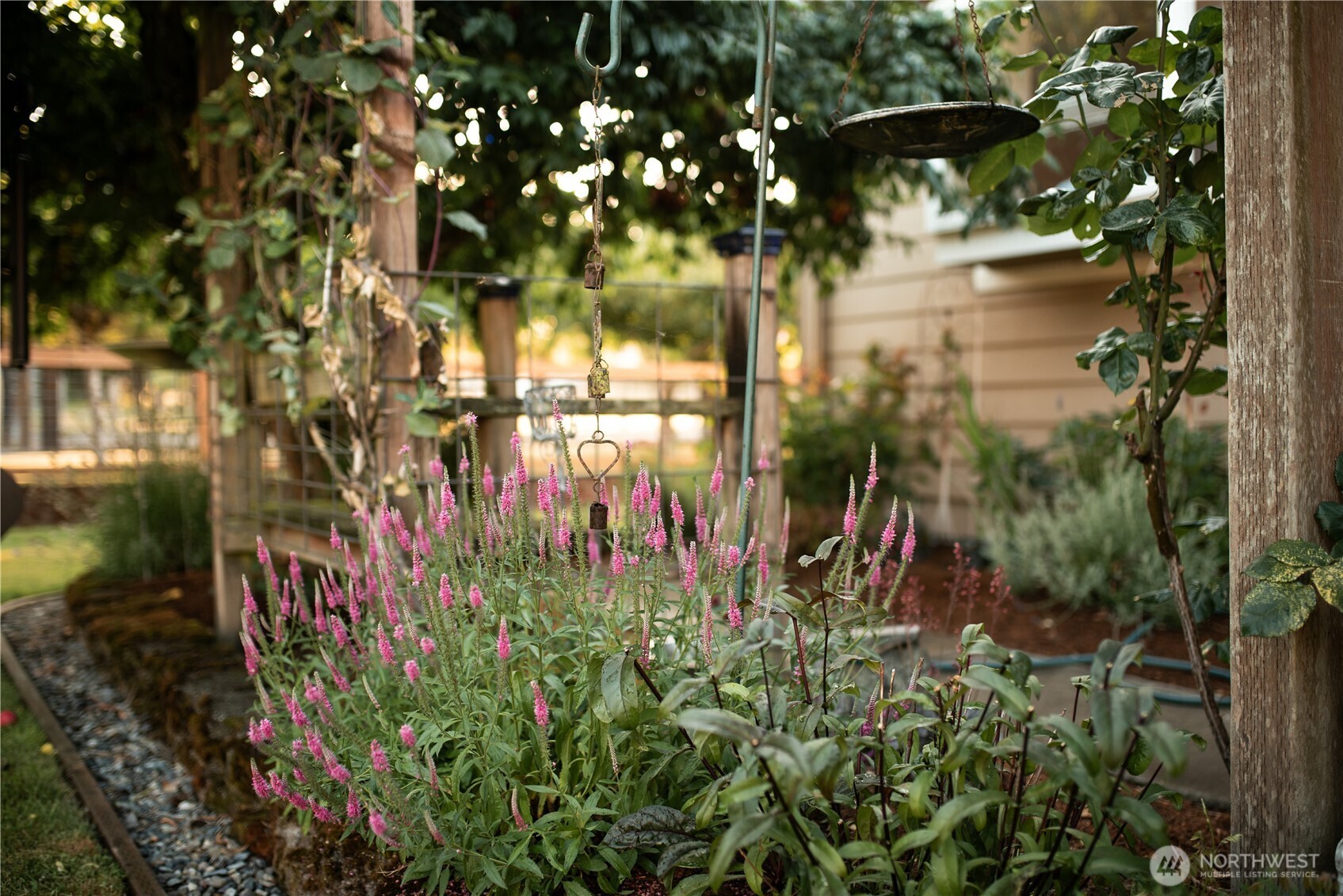 The landscape includes a culinary herb garden, white table grapes on an arbor, and a productive berry patch with raspberries, strawberries, and blueberries. An established orchard features multiple apple varieties, Italian prunes, Asian plum, pear, cherry, and wild field apples. Raised garden beds sit within a low-maintenance English-style garden designed to support pollinators, alongside a lavender garden with English, Spanish, and French varieties.