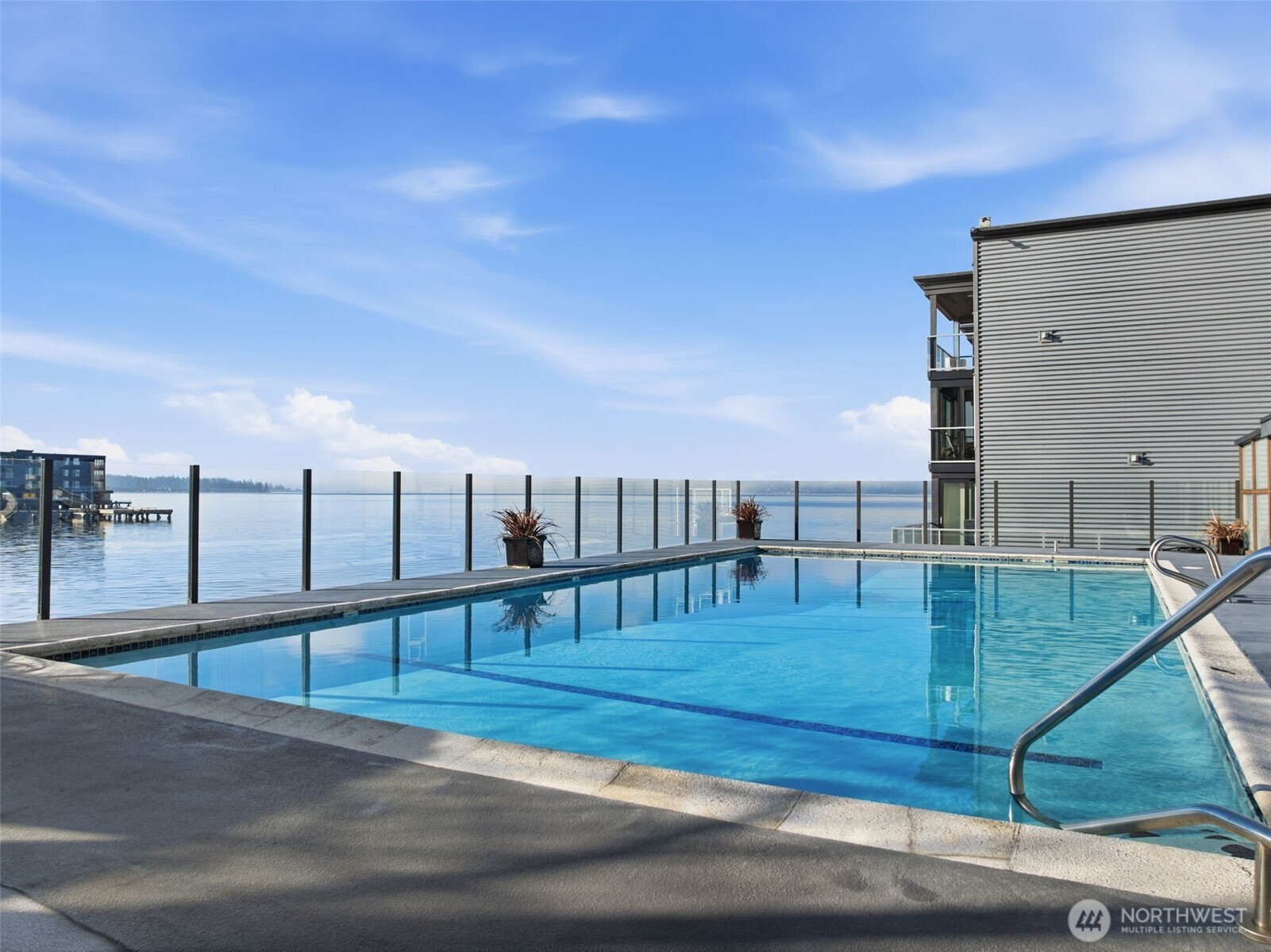 Outdoor pool just steps from the lake