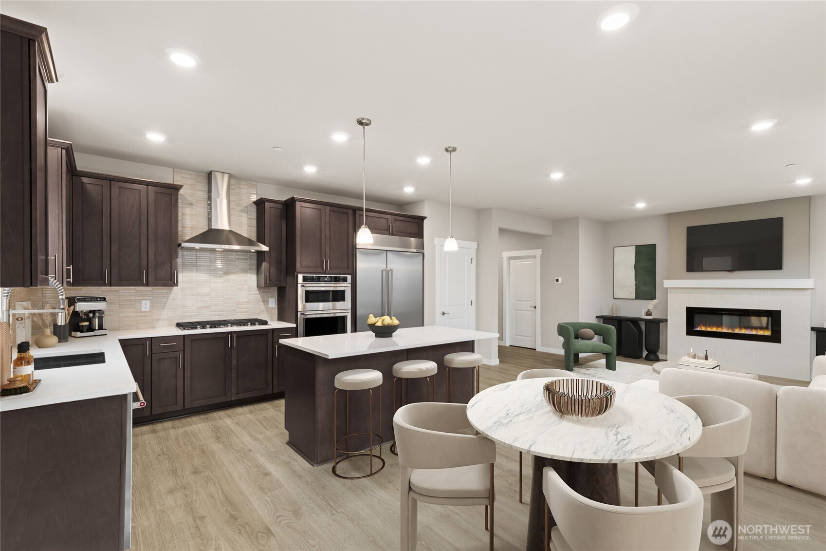 Gorgeous kitchen with plenty of storage and counter space to prep your meals or host a dinner party!  48" counter depth side by side built in refrigerator, gas cooktop and built in micro/oven - home for sale may include different color cabinetry.  Virtually staged