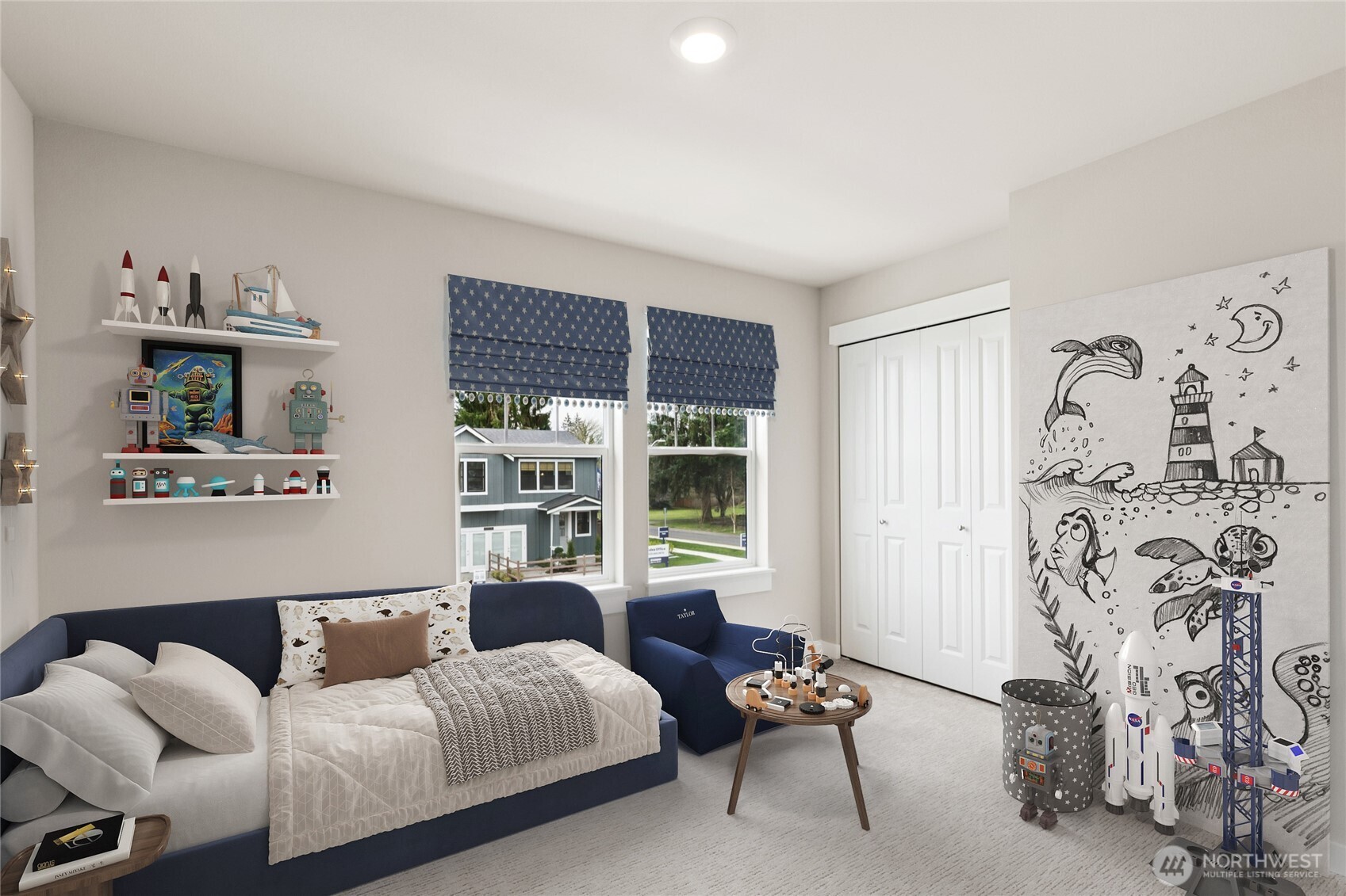 2nd of four upstairs bedrooms, virtually staged.  Tons of light!