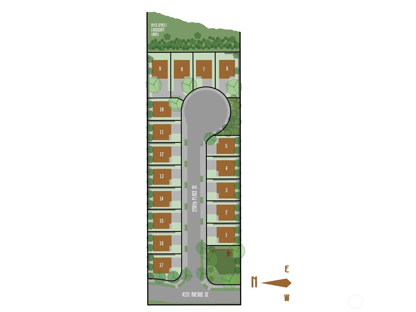 Foxmoore Community Site Plan. All photos, renderings, site maps, and floorplans are for visualization purposes only. Plans, colors, building orientation, finishes, home outlook, and other details can and WILL vary. Foxmoore’s intimate 17-home community is nestled on a quiet cul-de-sac with sidewalks, landscaped open space, and easy access to Northshore schools. This sought-after Canyon Park location blends neighborhood charm with quick commutes to Bellevue, Seattle, and the Eastside tech corridor.