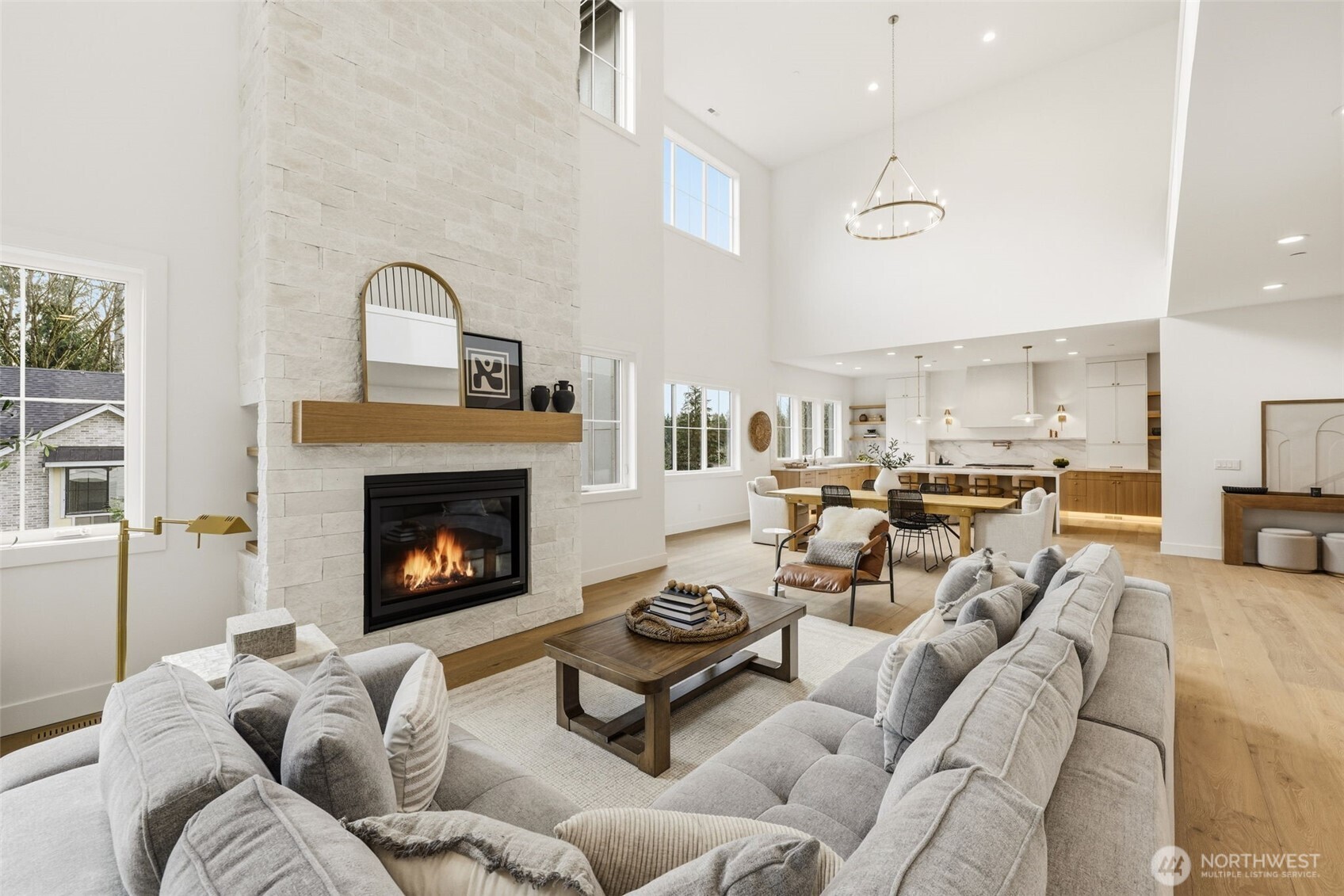 20 foot ceilings in the living room floods the space with natural light