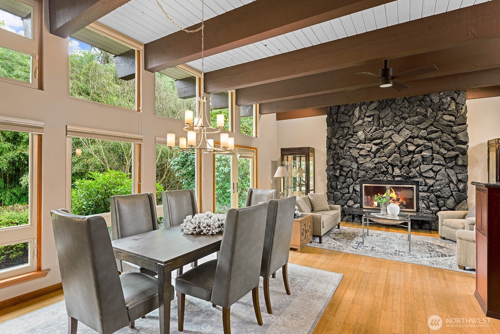 The dining and living rooms make up the formal areas of the open space.