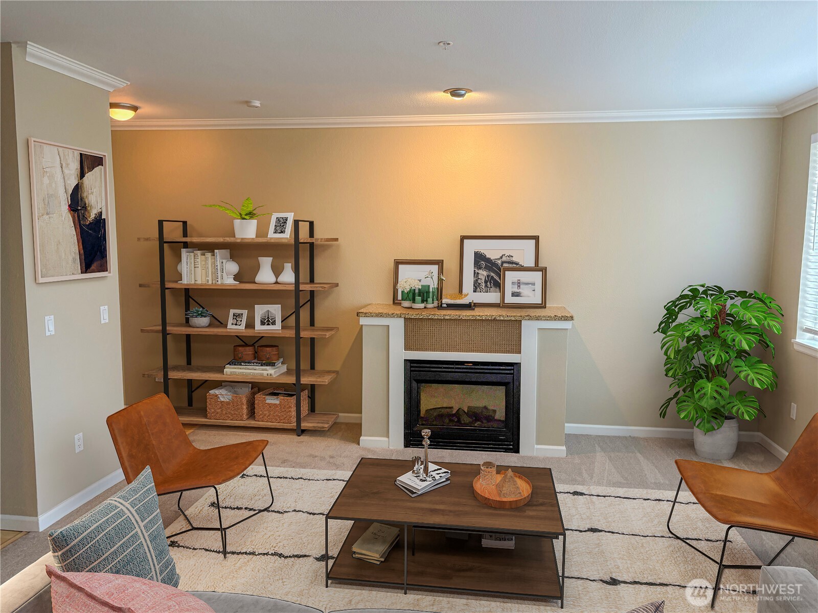 (Virtually Staged) Living room centered around a cozy gas fireplace—ideal for relaxing evenings at home.