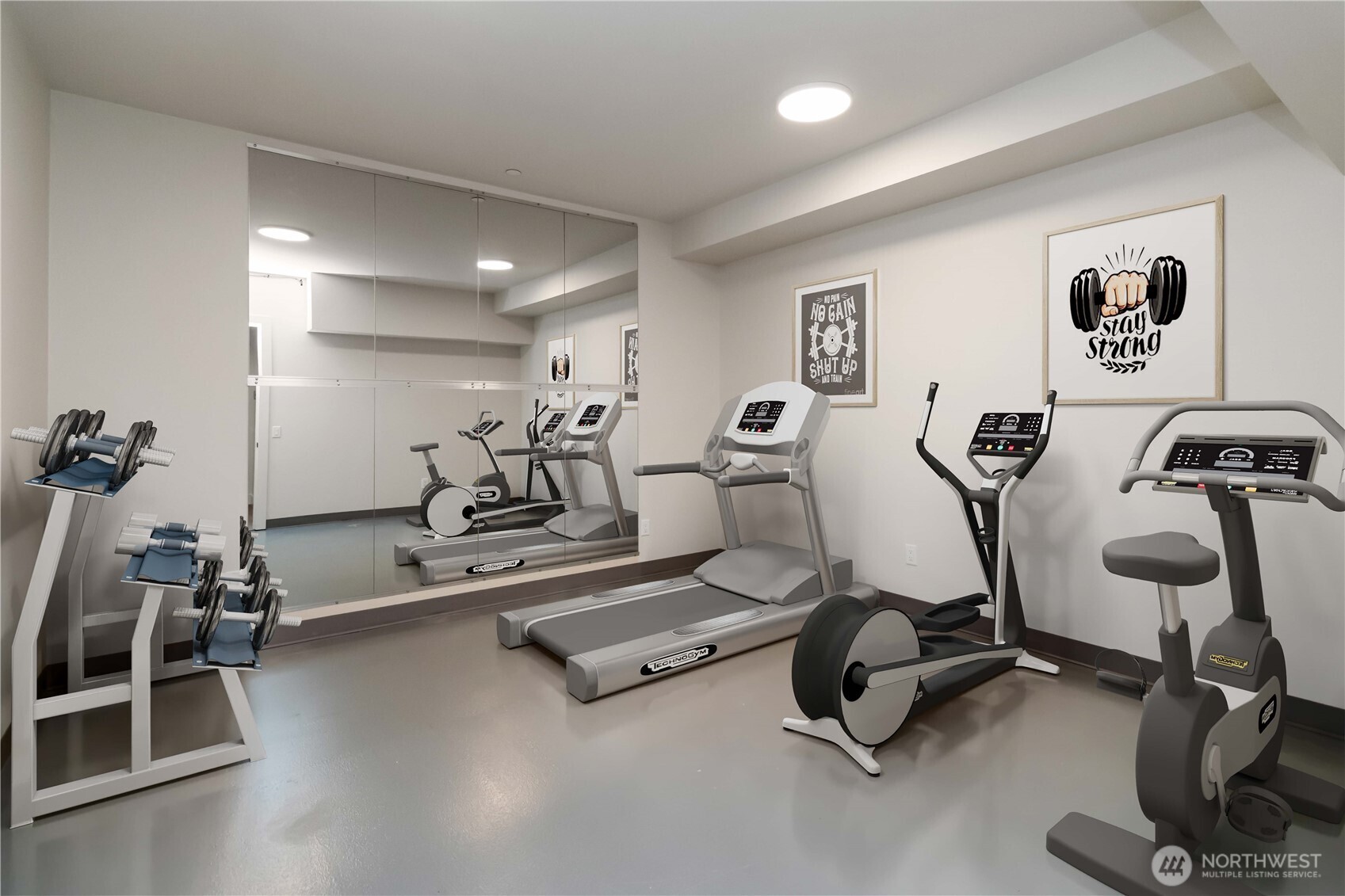 Lower level flex room is perfect space for a home gym or craft room.