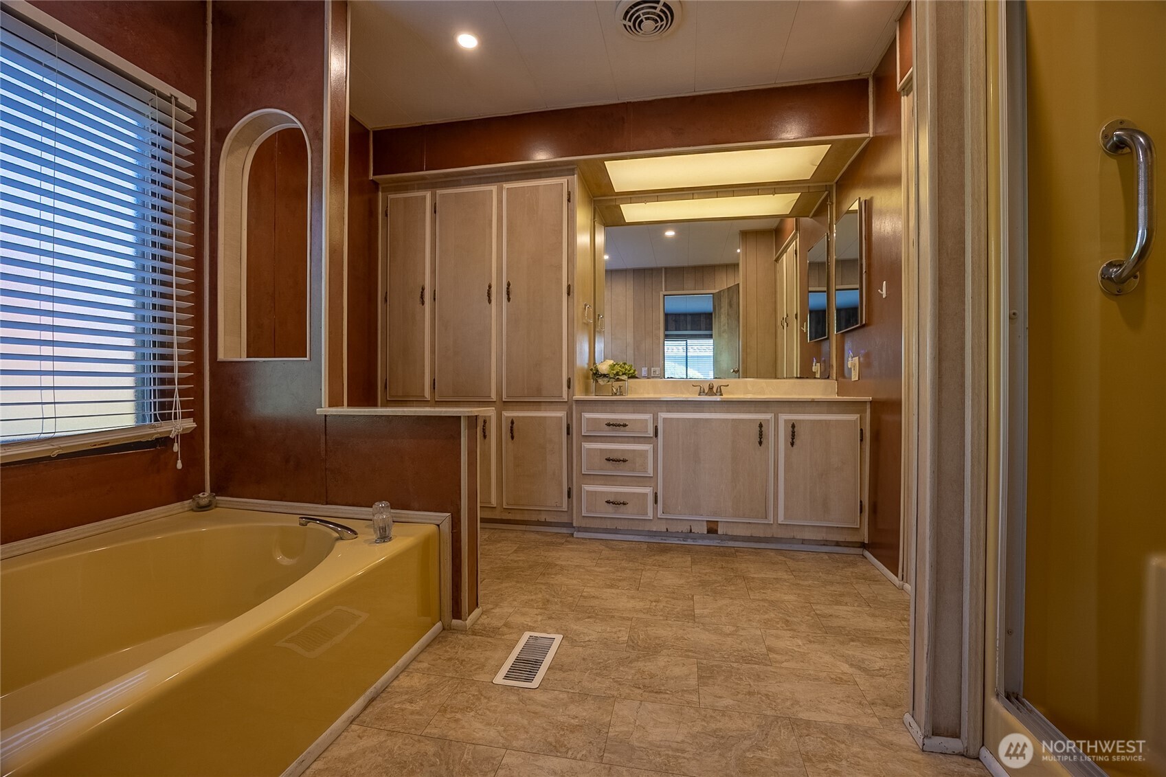 Primary 5 piece Bathroom with Walk in Shower with Grab bars, Soaker Bath Tub and Storage Galore!