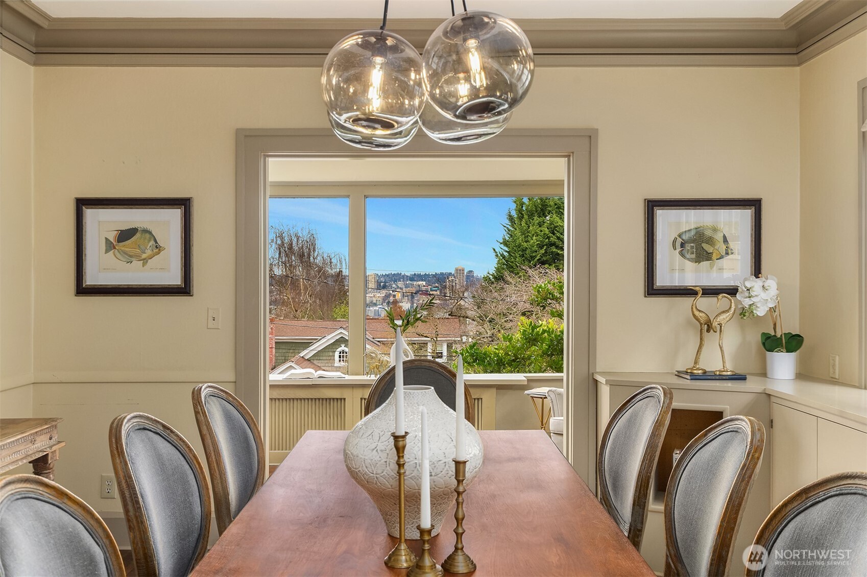 Dining room leads into a reading room facing North with views.