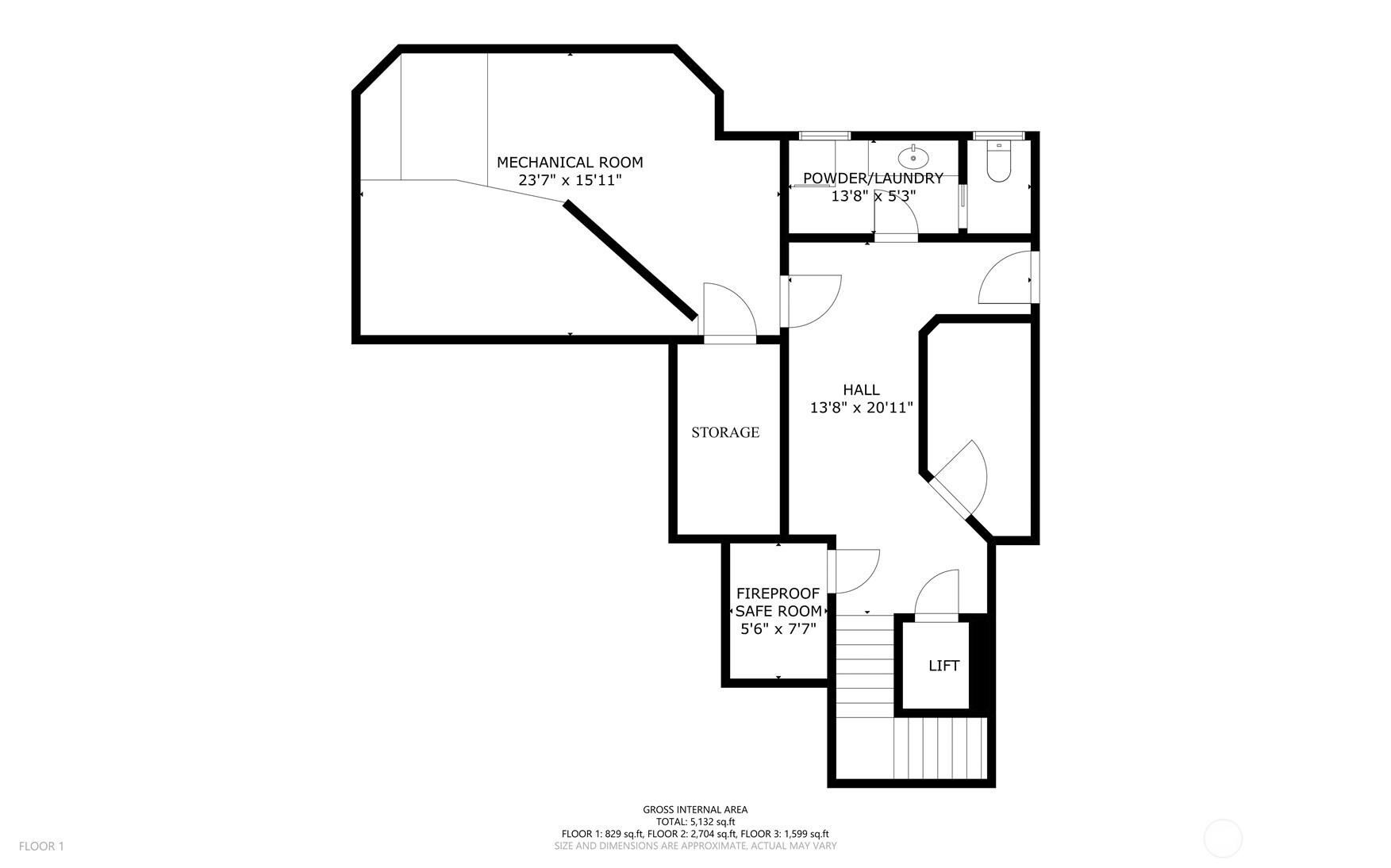 Floorplan - Basement - Includes mechanical, storage, safe room, lift, and hall, plus the powder/laundry room and adjacent outdoor bathroom. These two, previously unfinished spaces add 77 sq. ft. to the home’s total finished area.