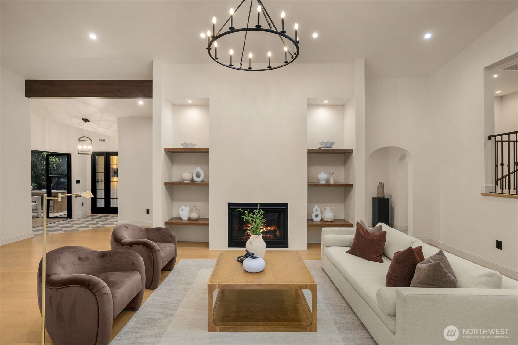 Cozy up to the striking clay fireplace