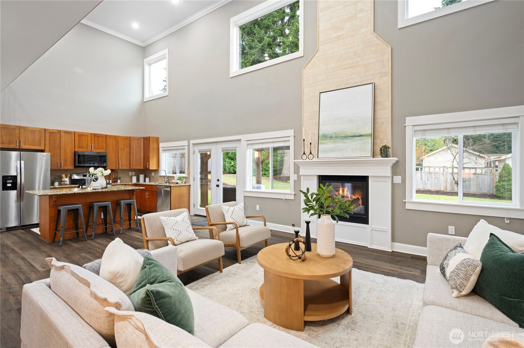 Upstaira, the dramatic catwalk leads to a dedicated office and a generous bonus room.