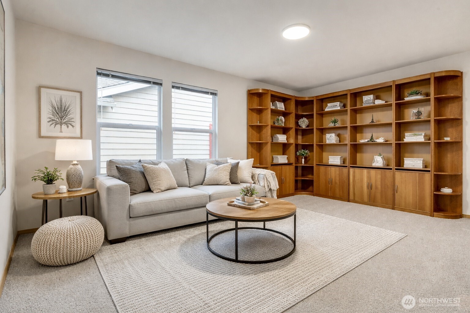 Virtually staged. Built-in shelves offer tons of storage and even a desk option