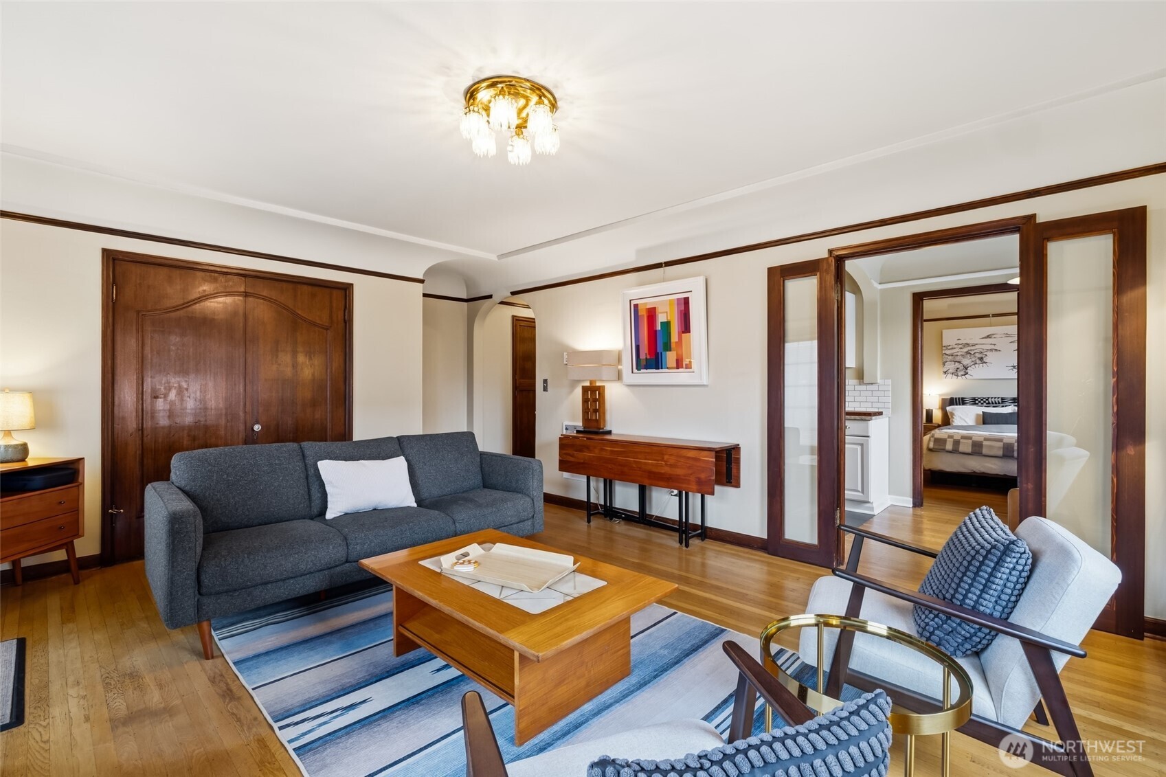 Wood double doors as you enter the kitchen.