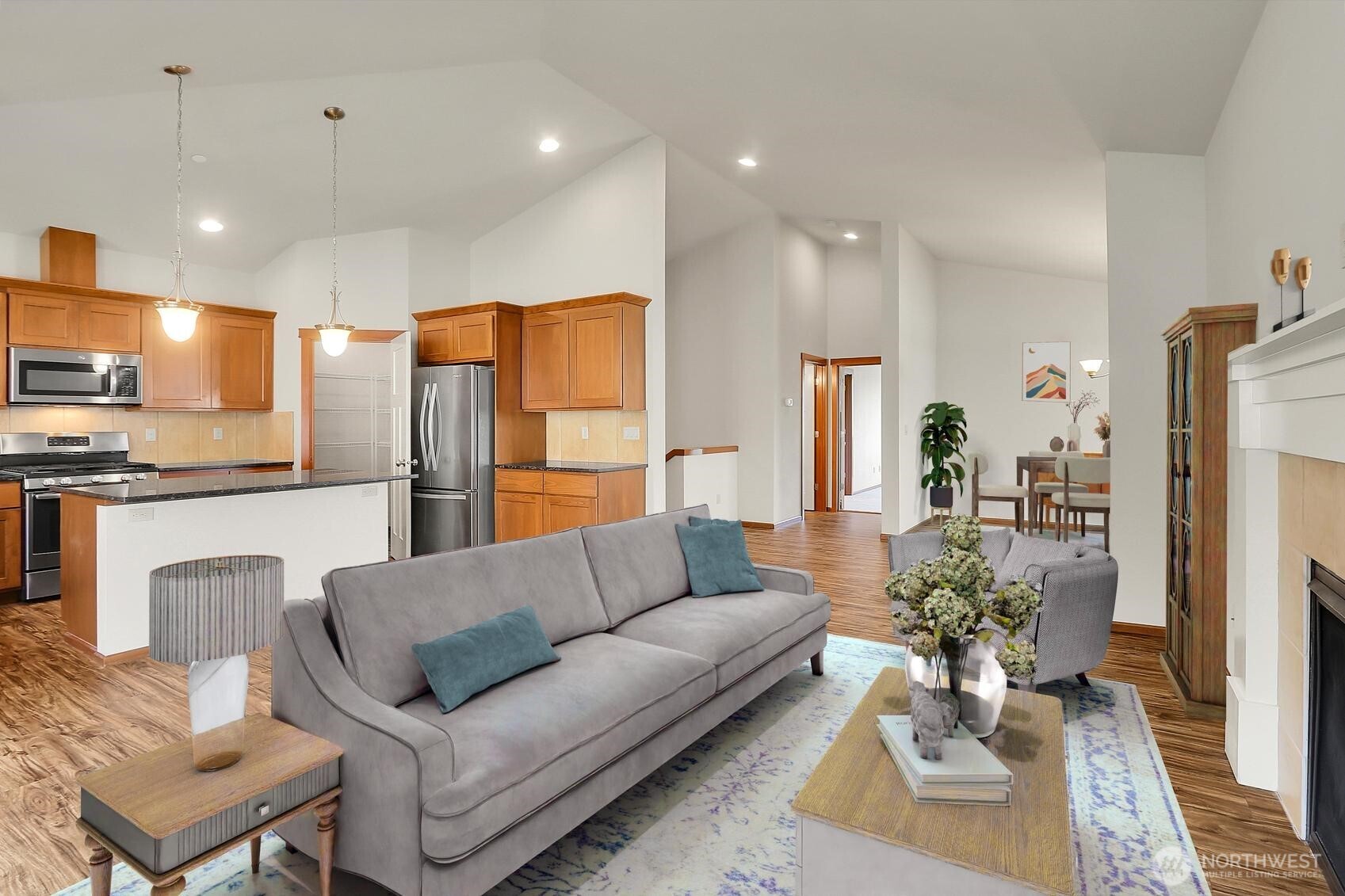 The main level family room creates a versatile, multi-use space perfect for today’s flexible lifestyles. Virtually staged.