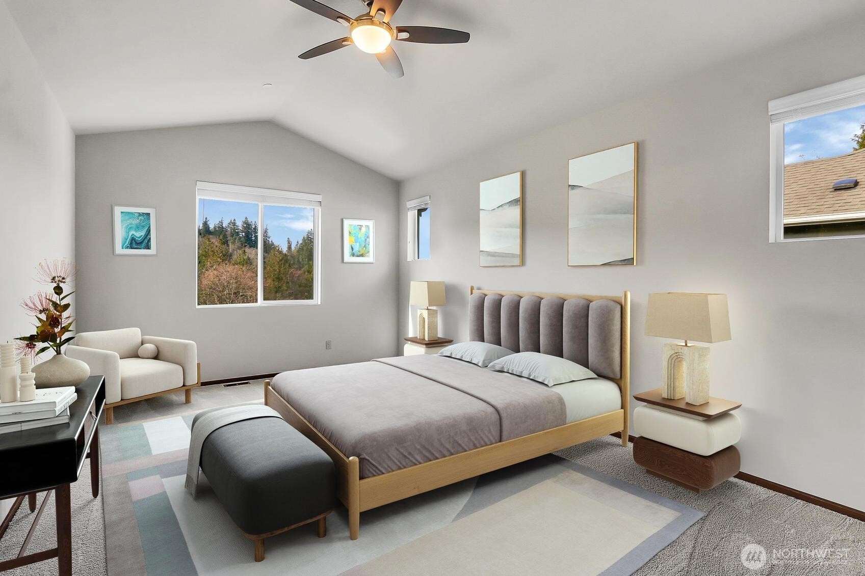 The Owner’s Suite, located on the upper level, is complemented by a vaulted ceiling with a ceiling fan and several windows creating a light and bright space! Virtually staged.
