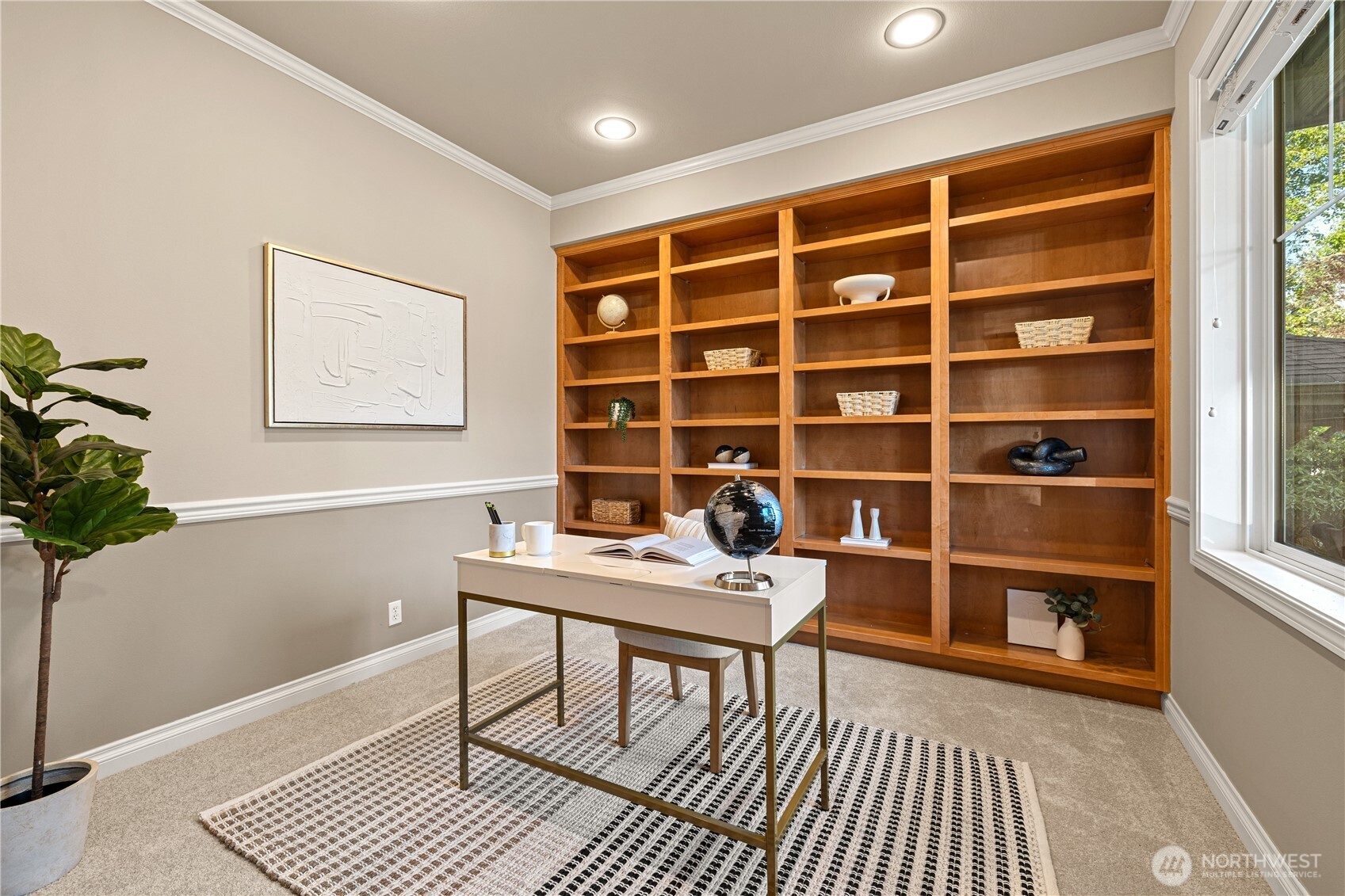 Neutral tones, built ins and abundant lighting with blinds for privacy