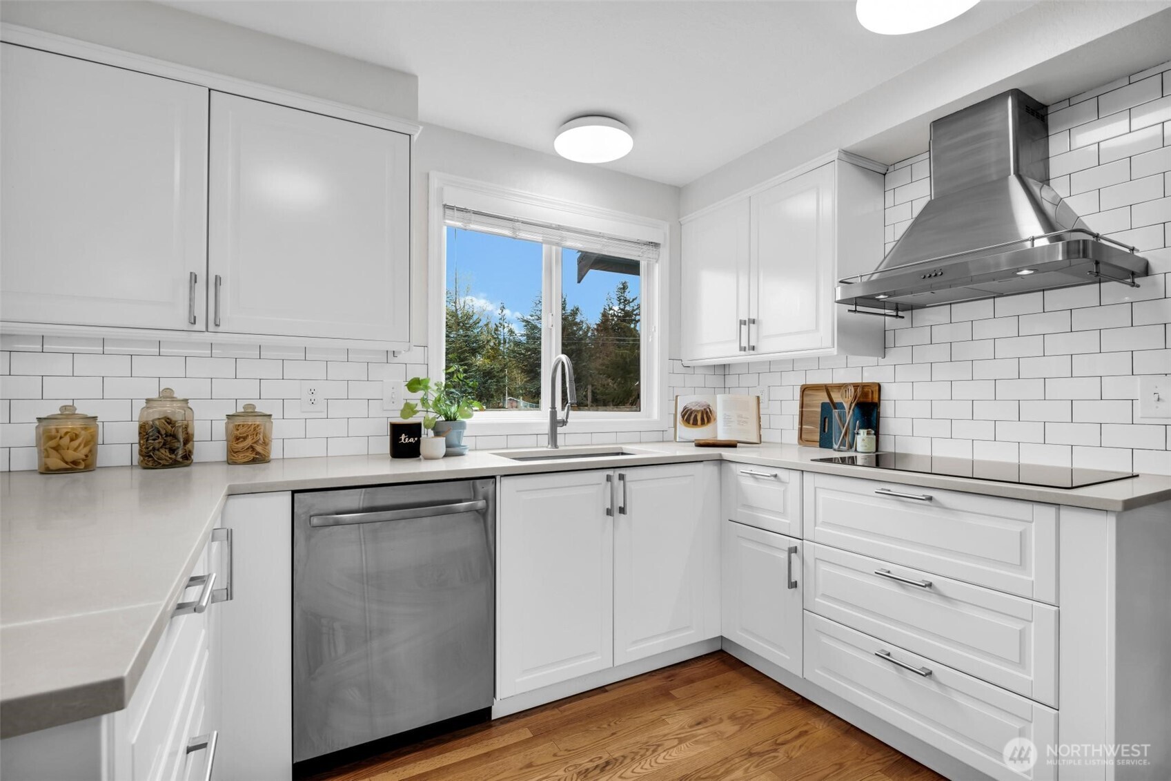 Satin Stainless steel appliances, hood fan, and deep sink