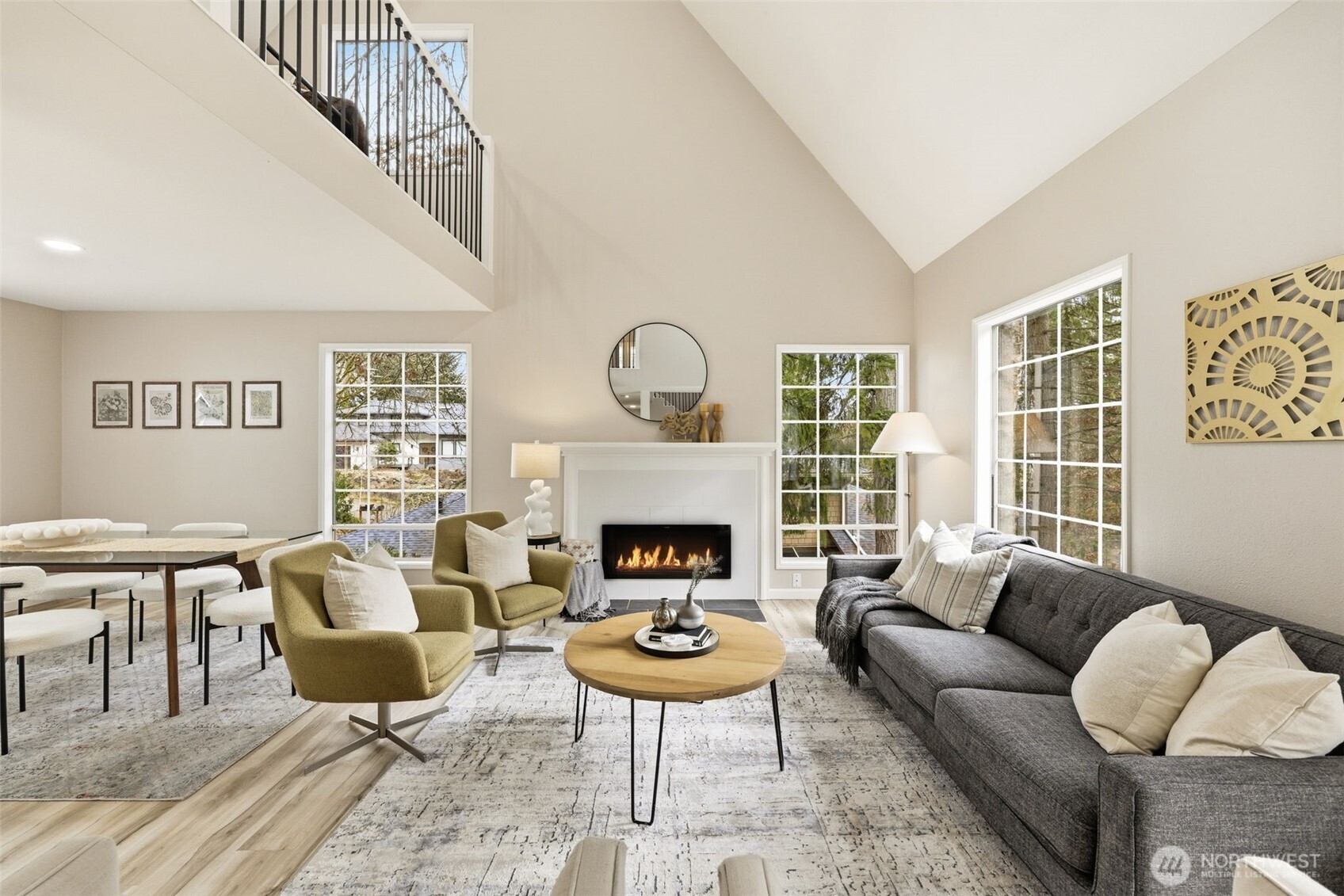 Vaulted great room with loft above