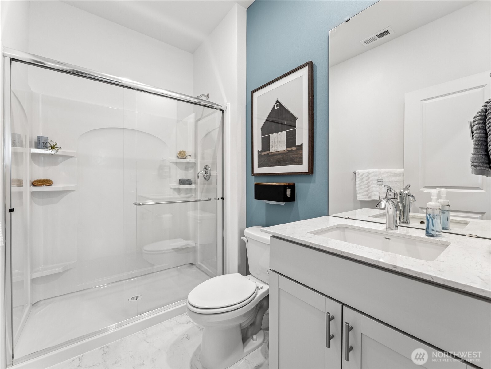 Main floor office / bedroom with a 3/4 bathroom just outside the door.  How would you use this room?  Picture for representational purposes only, colors and features may vary.