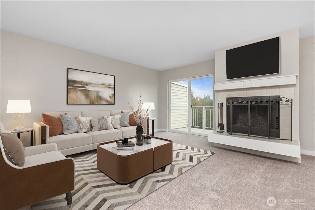 Digitally staged photo of the living area.