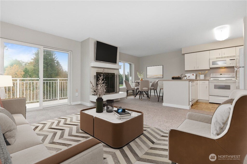 Digitally staged photo of kitchen, dining and living area.