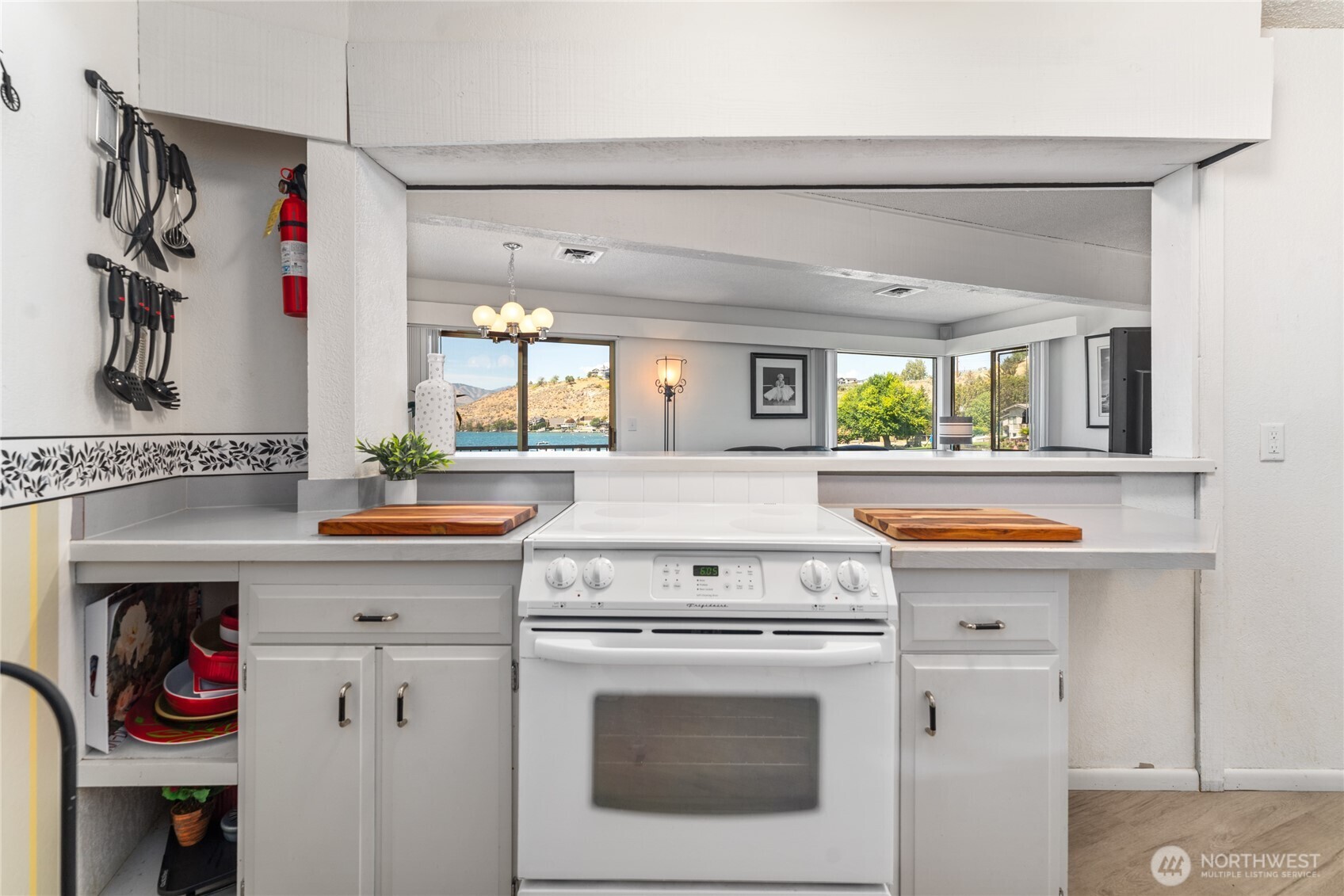 Kitchen view looking towards the living room.