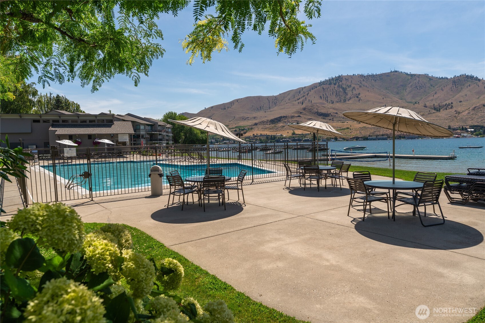 View of poolside patio dining and lounge area.