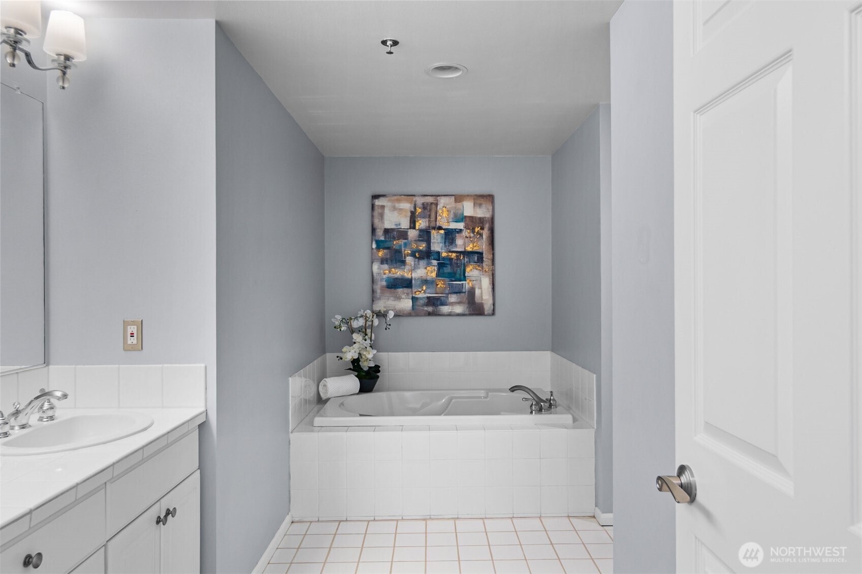 Luxury primary bathroom in Bellevue high-rise