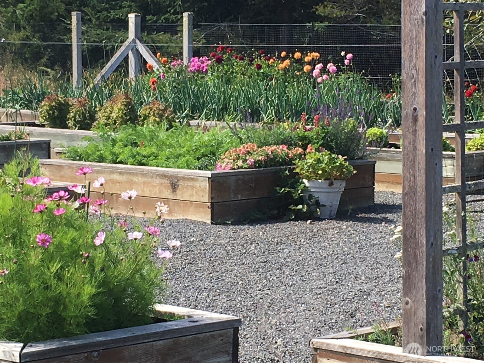 Established raised garden beds with mature plantings, offering a sustainable farm-to-table lifestyle within the 63± acre estate.