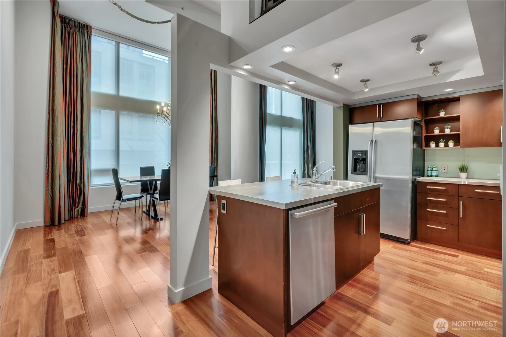 Kitchen view toward gas stove.
