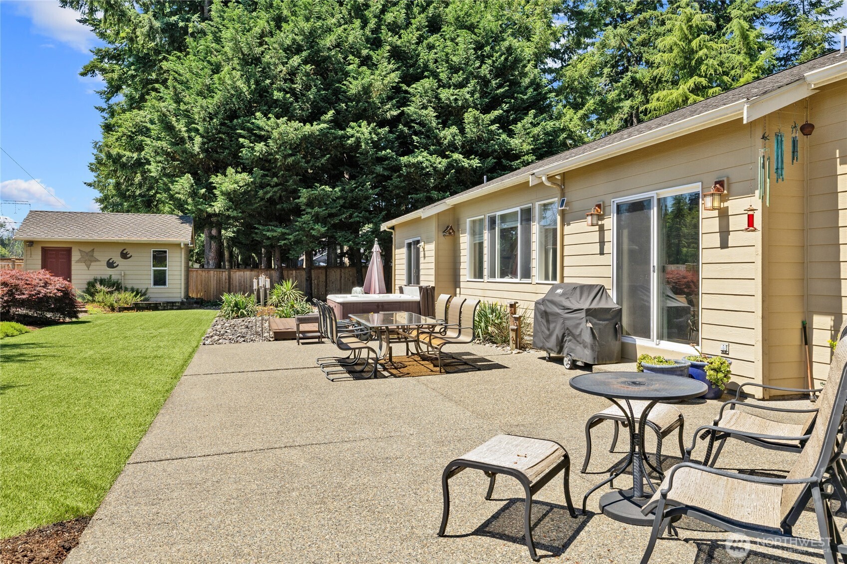 Full guest bathroom and dual sink vanity.