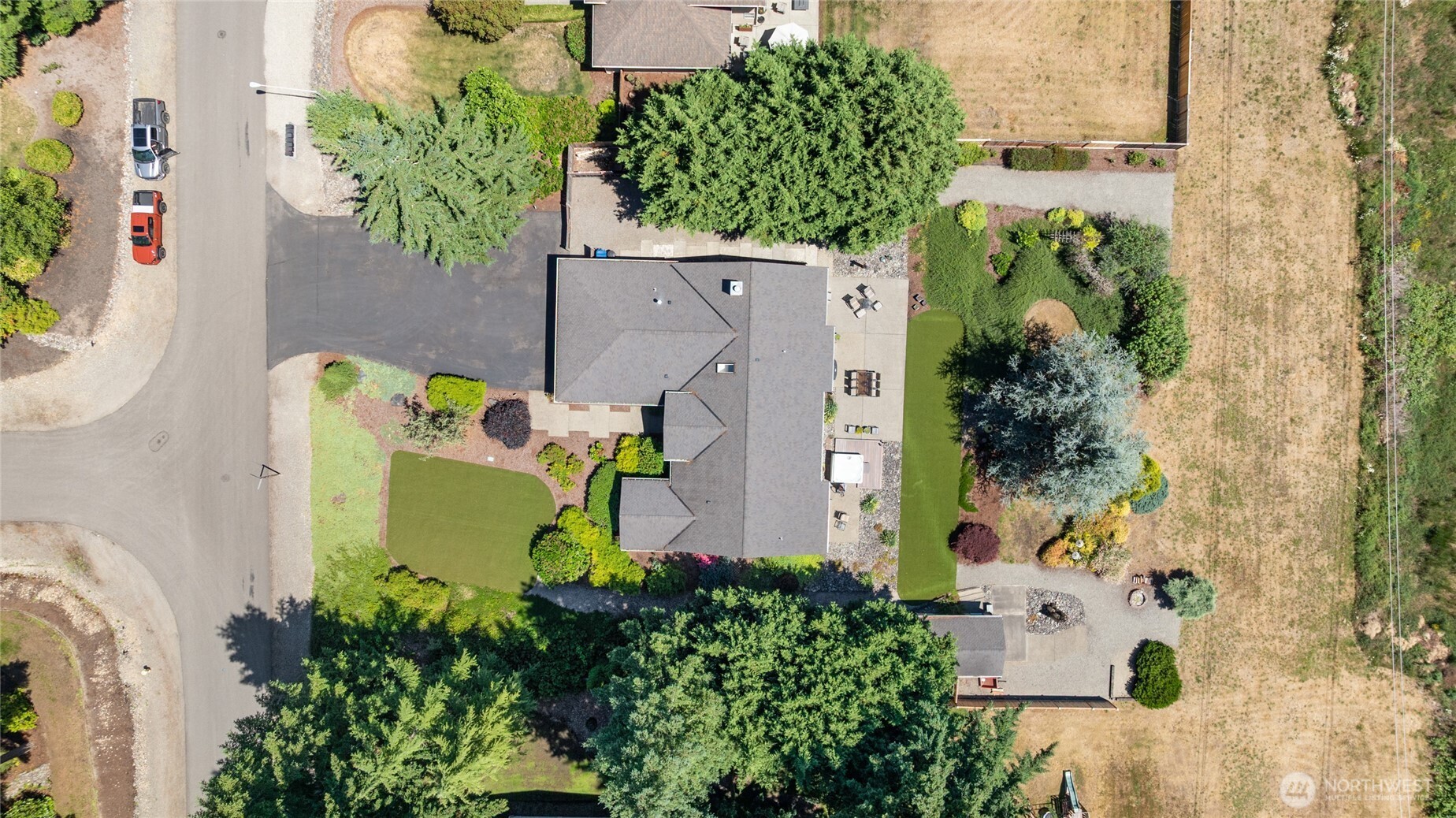 Another overhead view of the home and property.