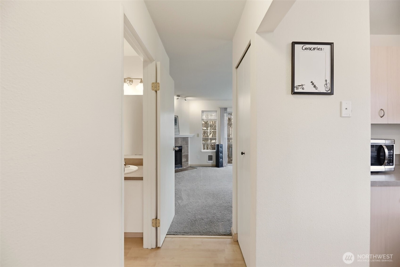 A view from the kitchen towards the living room.