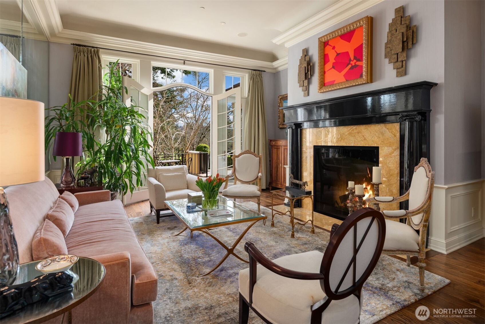 French doors open to outdoor living.