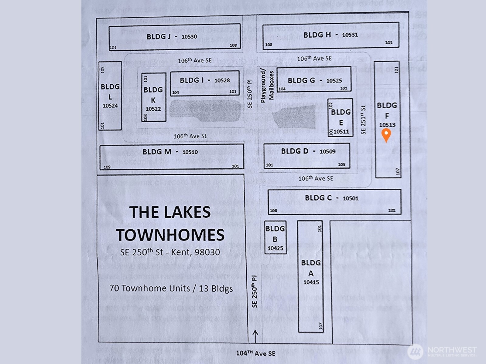 Map of the Lakes 70 unit Townhomes complex.  Unit is located in the middle of building F