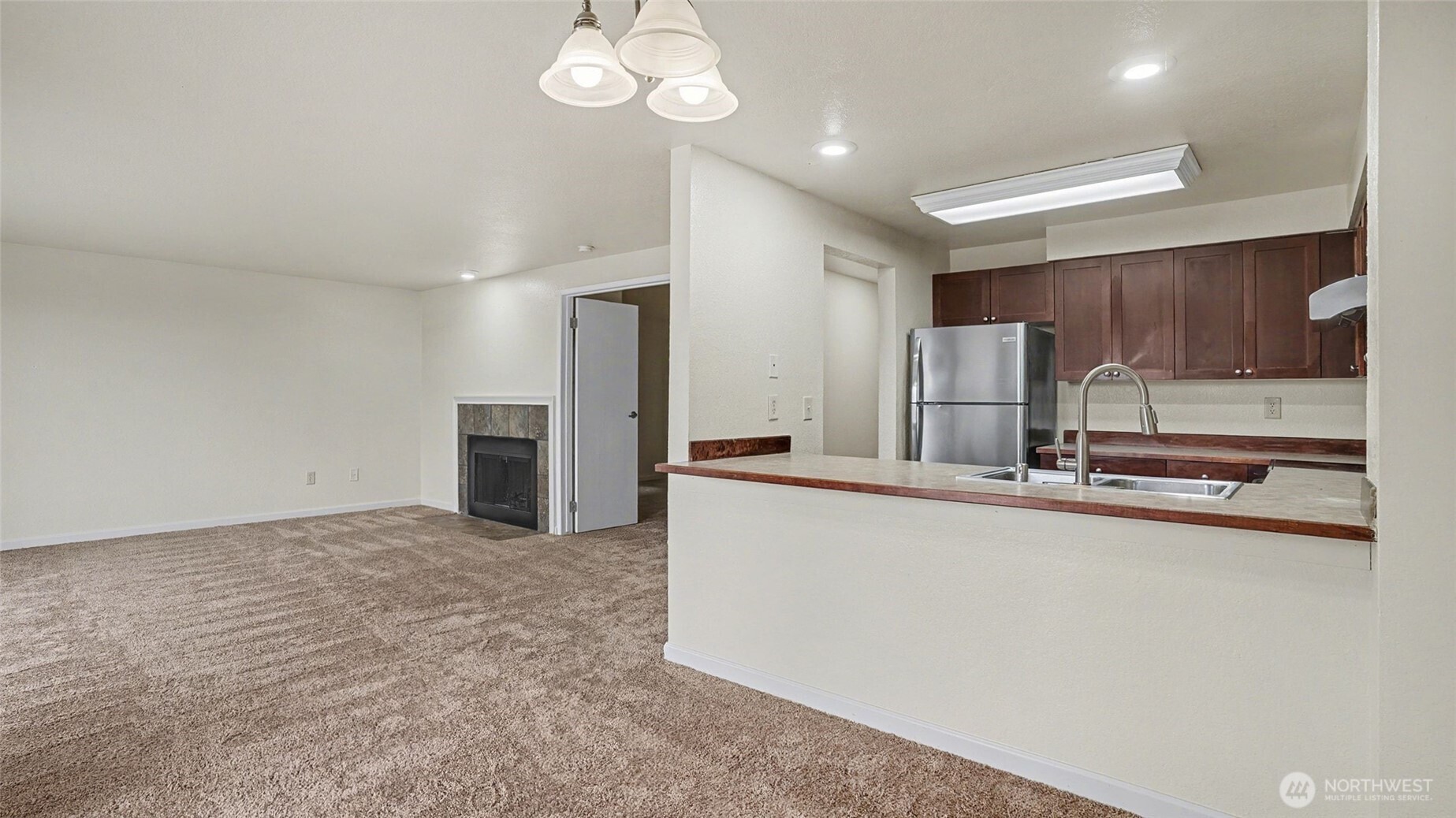 View of the Kitchen and Living room from the dining area.