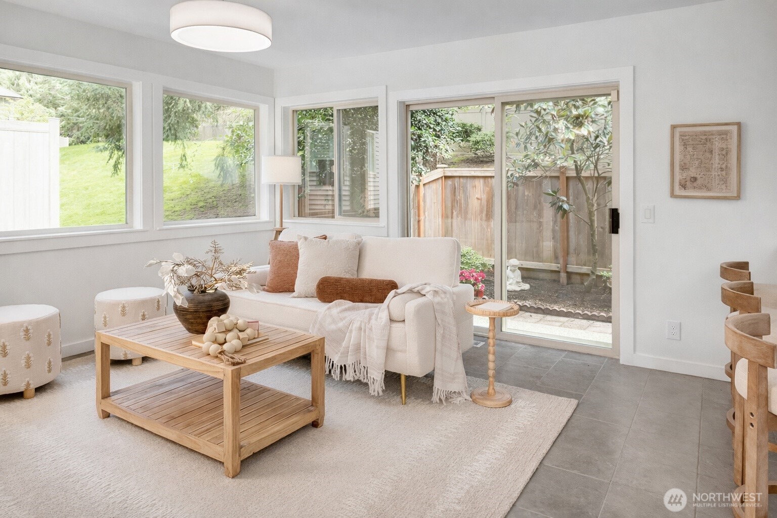 The floorplan of the home is open, flowing  w/really great places and spaces to imagine living so many ways. The greatroom, adjacent to the newly remodeled kitchen w/counter space seating is ideal for gatherings galore, quiet morning reading....evening TV and/or play space for all!  The patio is fully fenced, private and perfect in size.  ALL new interior paint...this home is simply perfect and move-in ready!