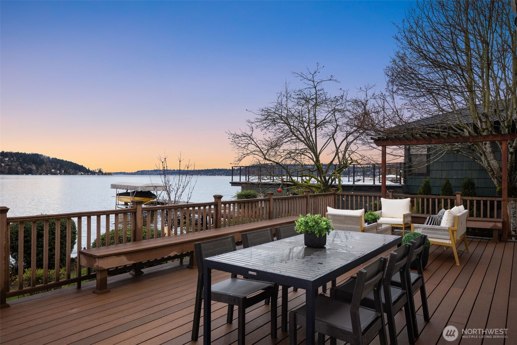 Relax on the waterfront deck and enjoy peaceful Lake Washington evenings.